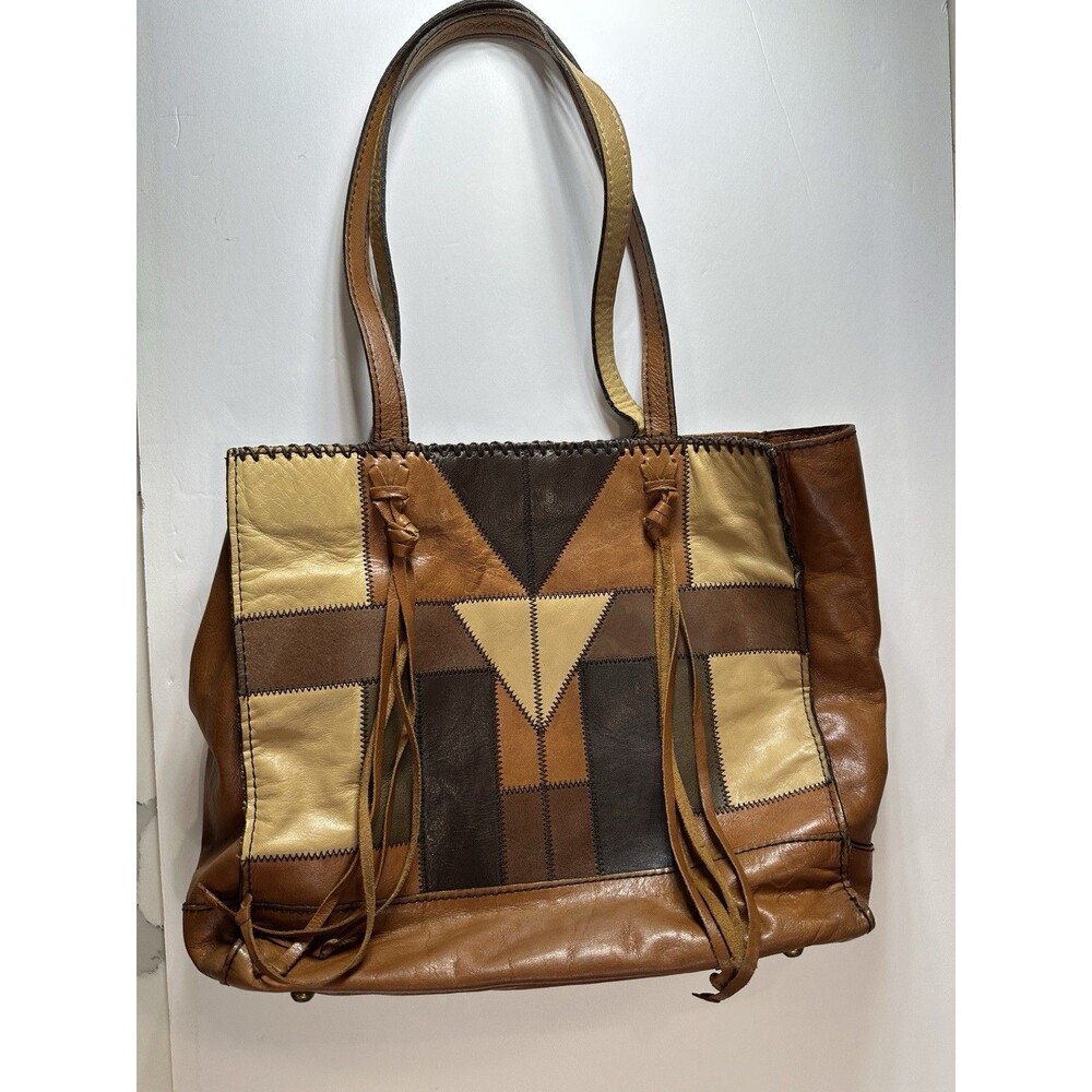 Patricia Nash Patchwork Tote Bag Purse 13x11.5 Inch Leather Stitched Brown Cream
